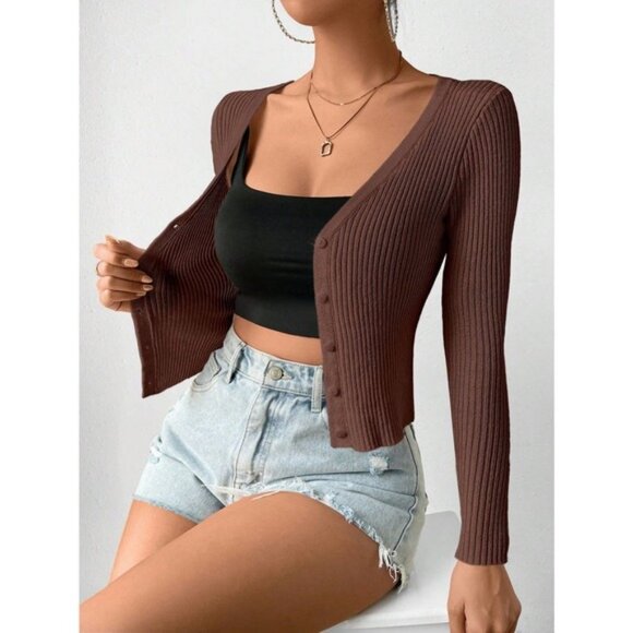 minimalist Ribbed Knit Button down Cropped Cardigan sweater - Picture 1 of 3